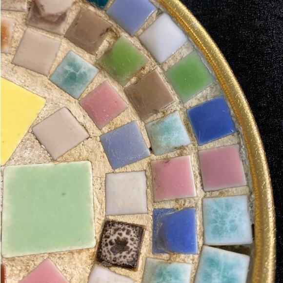 Mosaic Trinket Tray Colorful Stone Gold Tile 6" Unique Cool Art Deco USED - Picture 6 of 9